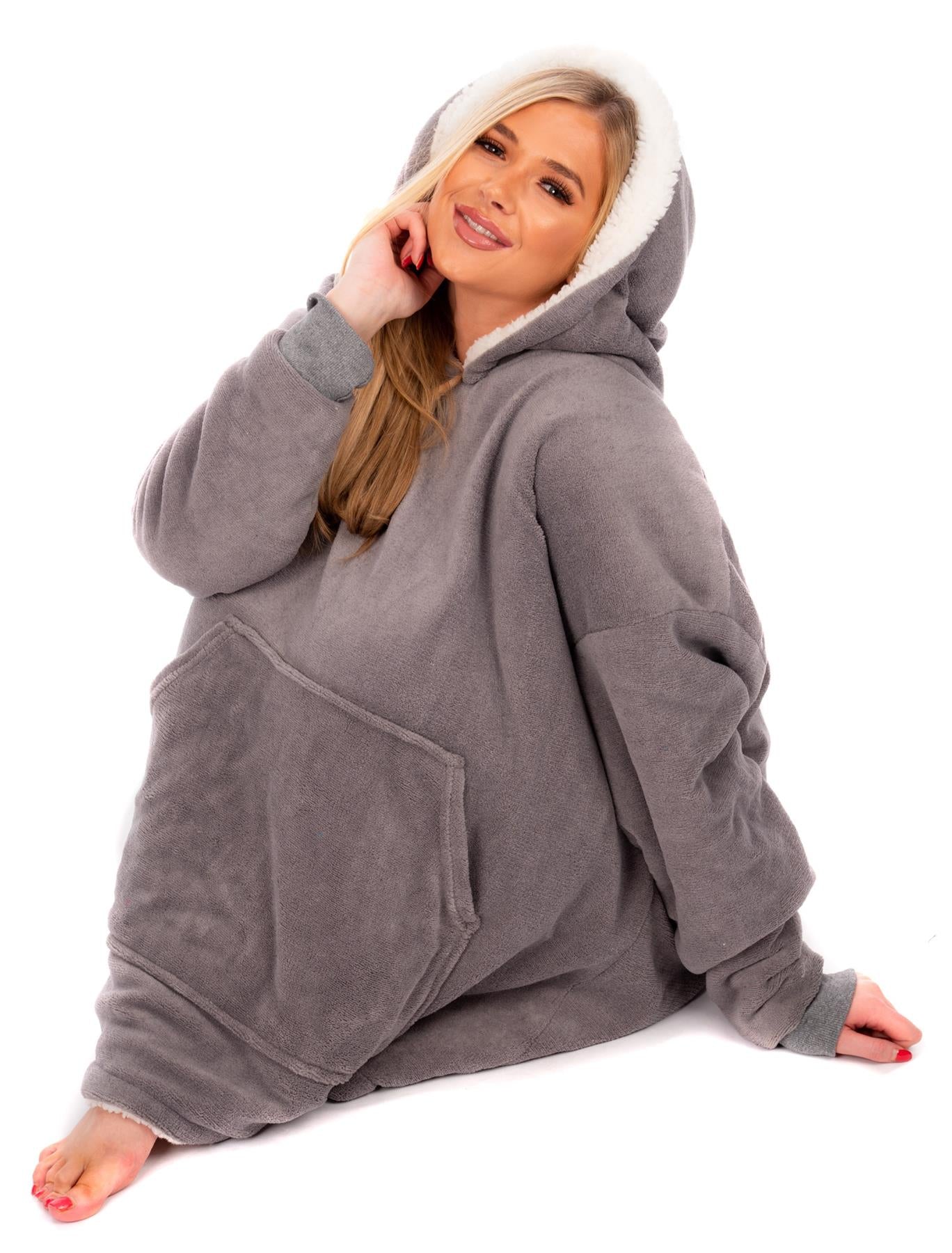 Oversized Warm Hoodie Blanket Sherpa Hooded Sweatshirt Top Large Soft Plush Cosy